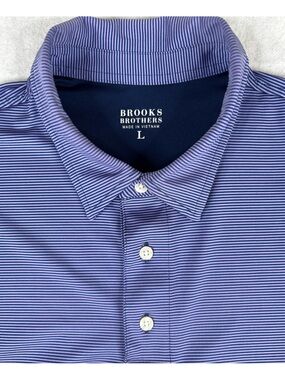 Brooks Brothers Shirt Men's Large Purple White Stripes Polo Golf Short Sleeve